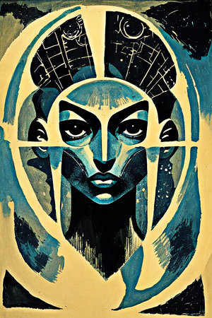 Mystical black woman face. Computer collage. Toned.の写真素材