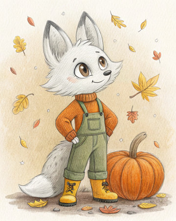 Cute cartoon fox with pumpkins and autumn leaves. Watercolor illustrationの写真素材