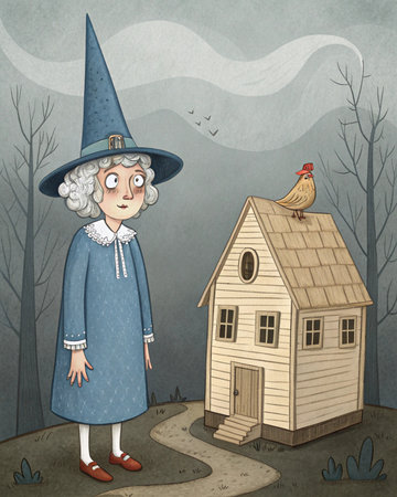 Cartoon illustration of a witch and a house in the forest.の写真素材