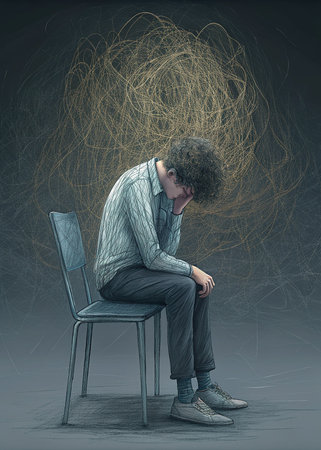 Young man with messy hair sitting on a chair in front of dark backgroundの写真素材