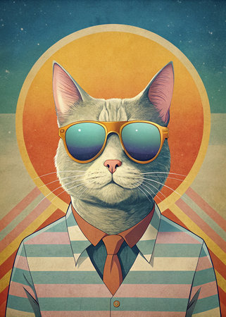 Portrait of a cat with sunglasses in a striped shirt and tieの写真素材