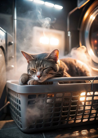 Cute tabby cat sleeping in the laundry basket with steam.の写真素材