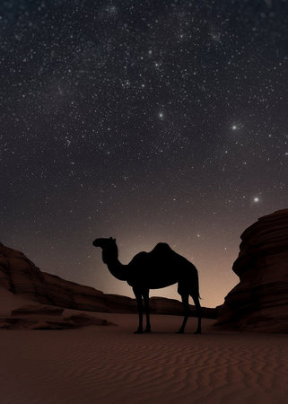 Silhouette of a camel in the desert against the starry skyの写真素材