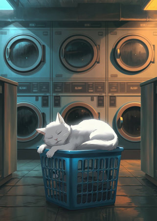Cute white cat is sleeping in the laundry basket. 3D renderingの写真素材