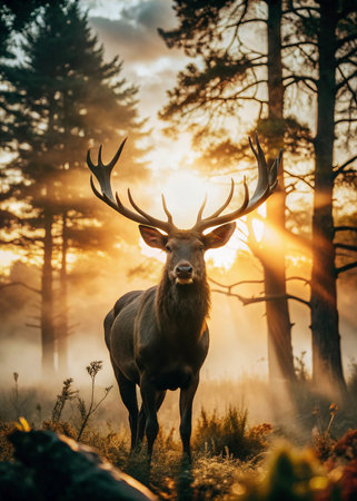 Red deer stag with big antlers in autumn forest at sunrise.の写真素材