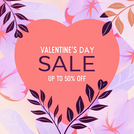 Valentines day sale banner with heart and leaves. Vector illustration.の写真素材