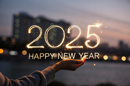 Happy new year with sparkler in the hands of a womanの写真素材