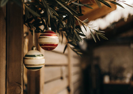 Christmas tree decorations on the wooden door of the house, close-upの写真素材