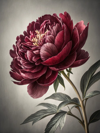 Beautiful red peony flower on a gray background. Toned.の写真素材