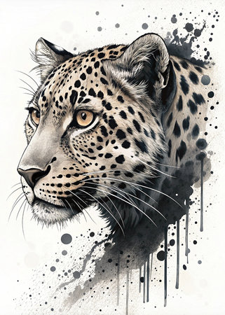 Leopard portrait. Hand drawn illustration. Ink and watercolor.の写真素材