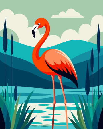 Flamingo on the lake. Vector illustration in flat style.のイラスト素材