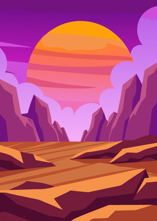 Sunset in the desert. Vector cartoon illustration of a fantastic landscape.のイラスト素材