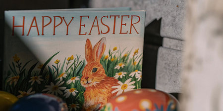 Easter greeting card with rabbit and eggs. Happy Easter concept.の素材