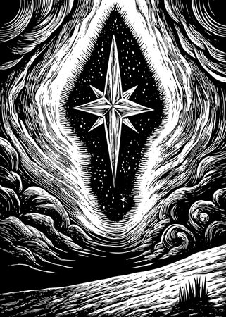 Black and white vector illustration of a star in the starry skyのイラスト素材