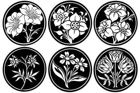 Set of floral design elements. Black and white. Vector illustration.のイラスト素材