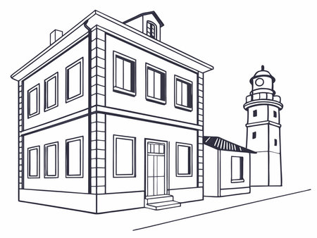 Vector illustration of a building on the street with a lighthouse in the backgroundのイラスト素材