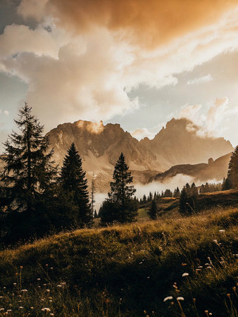 Dolomites mountains at sunset, Italy. Colorful summer landscapeの素材