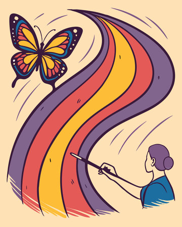 Vector illustration of a girl with a butterfly on a rainbow background.のイラスト素材