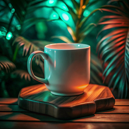 Coffee cup on a wooden table with tropical plants in the backgroundの素材