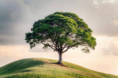 Lonely tree on the hill in the evening, vintage styleの素材