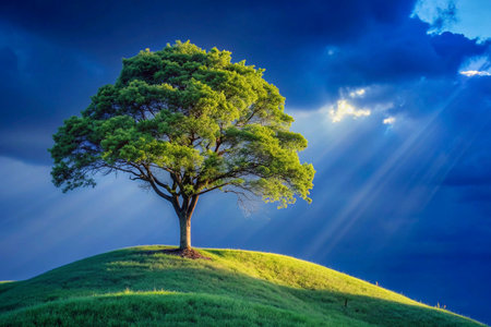 Lonely tree on the hill with blue sky and sun raysの素材