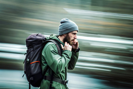 Traveler with backpack talking on mobile phone in motion blurred background.の素材