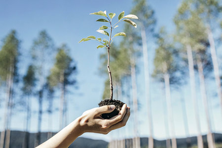 Human hands holding young green plant in soil on background of pine treesの素材