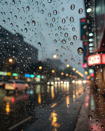 Raindrops on the window with blurred background of traffic in the cityの素材
