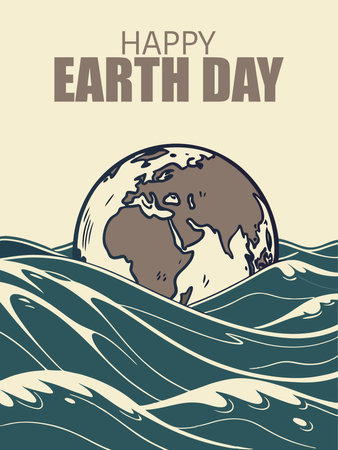 Happy Earth Day greeting card. Hand drawn illustration of Earth on waves background.のイラスト素材