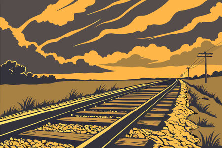Railway track at sunset in retro style. Vector illustration. EPS 10のイラスト素材