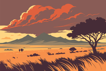 Sunset over the savanna with trees and mountains. Vector illustration.のイラスト素材