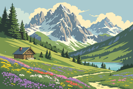 Beautiful landscape with alpine meadow and wooden house. Vector illustrationのイラスト素材