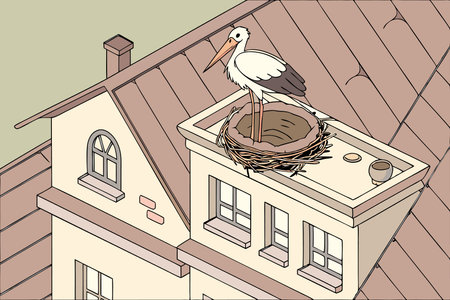 Illustration of a stork in a nest on the roof of a houseのイラスト素材