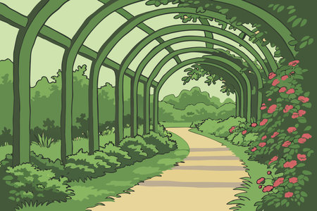 Vector illustration of a path in the park with roses and trees.のイラスト素材