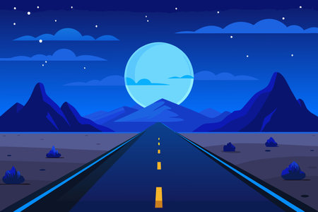 Road to the mountains at night. Vector illustration in flat style.のイラスト素材
