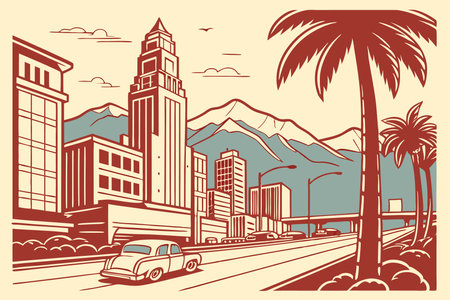 City skyline with palm trees and buildings. Vector illustration in retro style.のイラスト素材