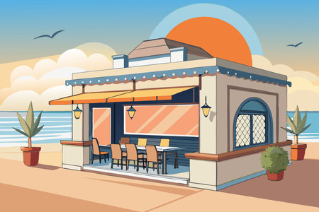 Restaurant on the beach. Vector illustration in flat style.のイラスト素材