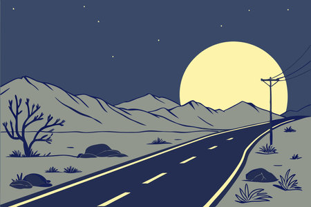 Road in the desert with full moon and mountains. Vector illustration.のイラスト素材