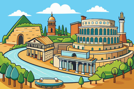 Colosseum and Coliseum in Rome, Italy. Vector illustrationのイラスト素材