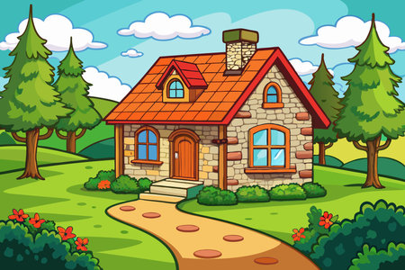 Background scene with cottage in the forest illustration. Cartoon style vector.のイラスト素材