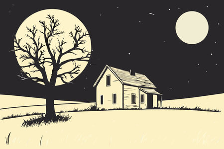 Vector illustration of a rural landscape with an old house at night.のイラスト素材