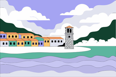 Vector illustration of a seascape with houses and a church.のイラスト素材