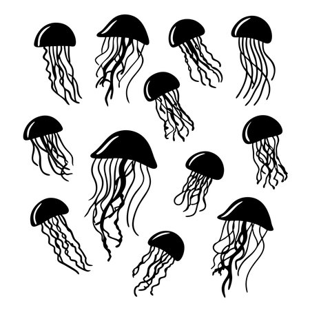 Jellyfish icon set. Black silhouette on white background. Vector illustration.のイラスト素材