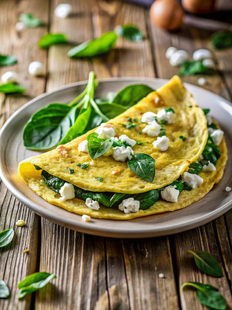 Omelette with spinach, feta cheese and herbs on wooden backgroundの素材