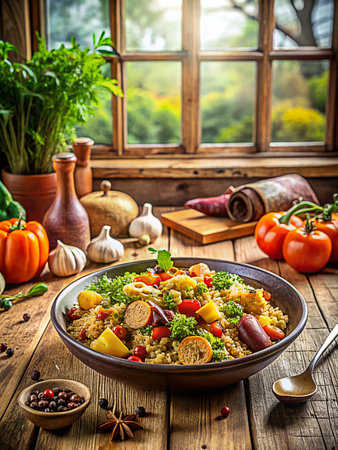 Bulgur with vegetables and meat on a rustic wooden table.の素材