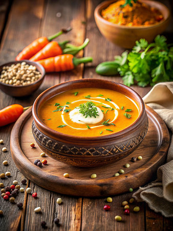 Carrot soup with cream and parsley in a bowl on wooden backgroundの素材