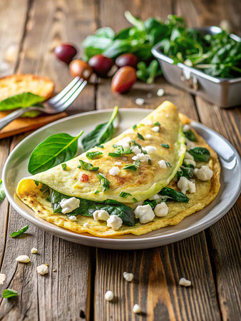 Omelette with spinach and feta cheese on a wooden backgroundの素材