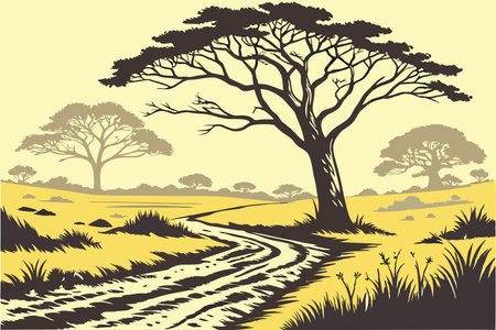 Landscape with a road and an acacia tree - vector illustrationのイラスト素材