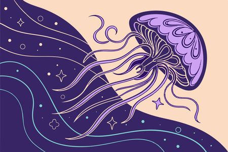 Illustration of a jellyfish on a background of waves and starsのイラスト素材