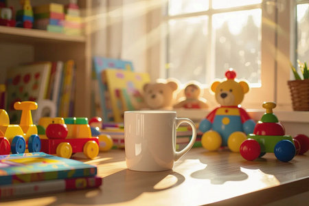 Cup of tea or coffee and toys on the table at homeの素材